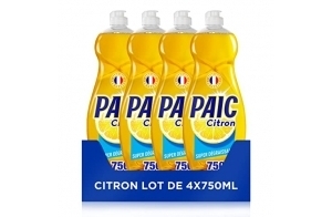 PAIC Liquide Vaisselle Super Dégraissant Citron, Nettoie Dégraisse, Elimine les Mauvaises Odeurs, Lot de 4X750ml