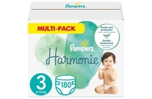 Pampers Couches Taille 3 (6-10 kg), Harmonie, 180 Couches Bébé, Pack 1 Mois, 0% de compromis, 100% d'absorption, Ingrédients d'origine végétale, Hypoallergéniques