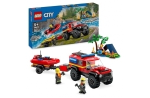 Lego City Le Camion de Pompiers 4x4 et Le Canot de Sauvetage, Jouet pour Garçons et Filles Dès 5 Ans, Bateau à Moteur, Remorque, Tente de Camping et Minifigurines de Randonneur et 2 Pompiers 60412