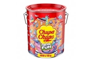 Chupa Chups Seau à sucettes Best of, 150 sucettes dans une boîte de rangement, boîte métallique Pop-Art avec 6 saveurs, bonbons à partager, à offrir, à une fête ou au bureau