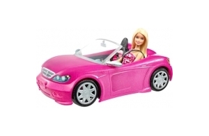 Barbie Voiture Cabriolet Rose décapotable avec Deux sièges Noirs et Ceintures, poupée à Robe Graphique Incluse, Jouet pour Enfant, DJR55