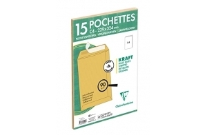 Clairefontaine 75015C - Paquet de 15 Pochettes Kraft Milleraies Brun C4-229x324 mm - Auto-Adhésives - 90g/m²