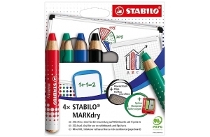 Crayon marqueur STABILO MARKdry - Etui carton de 4 Crayons Ardoises et Tabeaux Blancs + Taille-crayon + chiffonnette - Coloris assortis noir, bleu, rouge, vert