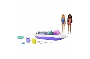 Barbie Coffret Le Pouvoir des Sirènes avec 2 Poupées Malibu Et Brooklyn, 1 Bateau À Fond Transparent 45,7 Cm, 4 Sièges Et Accessoires, Jouet Enfant, A Partir De 3 Ans, HJK58