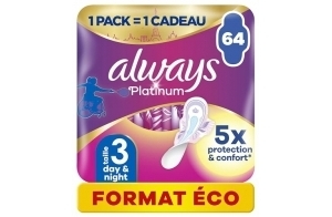 Always Platinum Serviettes Hygiéniques, Taille 3, Day & Night, 64 Serviettes Avec Ailettes, Flux Abondants Jour et Nuit, Format Eco, Douces et Flexibles, Super Absorbantes et Ultra Fines