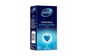 MANIX Universal: Boite de 10 préservatifs pour Homme | Préservatifs Fins et Lisses, Forme Droite, Lubrifiés et avec Réservoir| Largeur nominale 52mm | Facile à enfiler