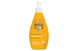 Le Petit Marseillais | Lait Soin Hydratant Nutrition Peaux Très Sèches (flacon-pompe de 400 ml) – Lait corps au beurre de karité, amande douce et huile d'argan – 24 h de confort cutané