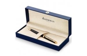 Waterman Hémisphère stylo bille luxe | noir brillant avec attributs or fin 23K | pointe moyenne | encre bleue | coffret cadeau