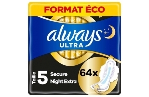 Always Ultra Serviettes Hygiéniques, Taille 5, Extra Secure Night, 64 Serviettes Avec Ailettes, Flux Très Abondants Nuit, Format Eco, Max Confort, Super Absorbantes et Ultra Fines