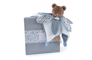 DOUDOU ET COMPAGNIE - Doudou Ours Bleu avec Pétales - Collection BOH'AIME - Boite Cadeau - 27 Cm - Idée Cadeau de Naissance Fille et Garçon - Garantie Doudou Perdu - DC4023