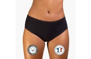 REJEANNE Shorty Culotte Menstruelle Flux abondant (3-4 tampons) - Élégante avec de la Dentelle, Haute qualité, Marque française - Coton Bio - Réutilisable (Taille 38, Noir)