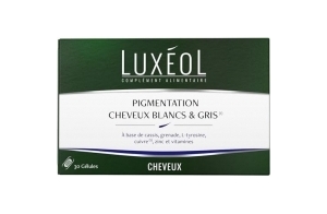 LUXÉOL - Pigmentation Cheveux Blancs & Gris - Complément Alimentaire - Contribue À La Pigmentation Normale - Cassis, Vitamine E B6 B8, Cuivre, Zinc - Fabriqué En France - Programme 1 Mois - 30 Gélules