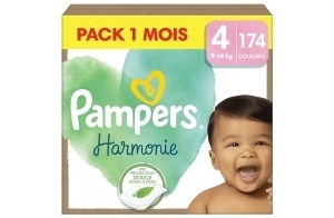 Pampers Harmonie, Taille 4, 174 Couches, 9-14kg, Protection Douce pour la Peau, Ingrédients d’origine végétale en contact avec la peau de bébé, Avec un Emballage Recyclable en Papier, Pack 1 Mois