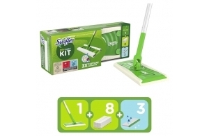 Swiffer Kit Complet Balai, 8 Lingettes Sèches + 3 Lingettes Humides, Idéal pour les Sols en Bois, en Céramique et en Vinyle