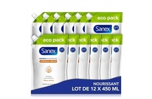 SANEX - Dermo Nourrissante Surgras- Gel douche formule Crème - Pour Toute La Famille- Développée Avec Des Dermatologues - Hydrate En Profondeur la Peau Sèche- Lot de 12 recharges Ecopacks X 450 ml