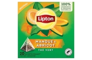 Lipton, Thé Vert, Thé Vert Aromatisé, Infusion à Froid ou Chaud, Goût Mangue & Abricot, Ingrédients d'Origine 100% Naturelle, 20 Sachets Pyramid