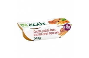 GOOD GOÛT - Carottes, Patates Douces, Lentilles Corail Façon Dahl - Plat Cuisiné Pour Bébé - Dès 8 Mois - Purée Moulinée - Fabriqué En France - Bols Micro-Ondables - 2x190g