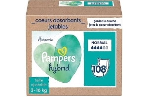 Pampers Harmonie Hybrid, 108 Cœurs de Protection Jetables pour Couche Lavable Hybride, 100% d'Absorption, Protège la Peau Sensible des Bébés, Ingrédients d'Origine Végétale et sans Parfum