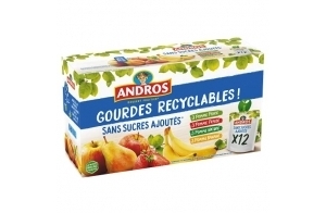 ANDROS Compote de Fruit, Gourde Recyclable, Sans Sucre Ajouté, Goût Pomme + Pomme/Poire + Pomme/Fraise + Pomme/Banane, Idéal pour le Goûter des Enfants, Pack de 12