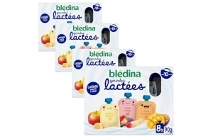 BLÉDINA - Gourdes lactées aux Fruits Bébé - Fruits Rouges/Pomme Banane/Fruits Exotiques - dès 10 Mois - 4 x (8 x 85g)