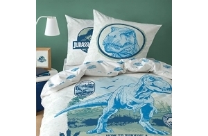 Jurassic World Encounter Parure de Lit Enfant 140x200 cm | Housse de Couette Enfant 1 Personne 140x200 cm + 1 Taie d'oreiller 63x63 cm Imprimées Reversibles | 100% Coton | Oeko-TEX | Bleu Ciel, Blanc