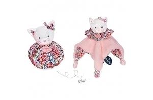 Doudou et Compagnie - Doudou Boule Chat 3 en 1 : Doudou + Cocon + Jouet d'éveil - Doudou Douceur Transformable - Rose - 25 cm - Collection Les Petits Futés - Garantie Doudou Perdu - DC3933