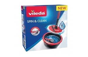 Vileda Spin & Clean Kit Complet Lavage Sol, Système d'essorage Manuel activé par Le Manche, Seau doté d'un Rouleau de Lavage innovant pour Une Housse Toujours Propre, tête de Balai 100% Microfibre