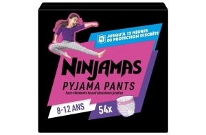 Pampers Ninjamas Pyjama Pants Fille, 54Sous-Vêtements de nuit Absorbants, 8-12 Ans, 27-43kg, Protection Maximale Contre Les Fuites Toute La Nuit En Toute Discrétion, Pack 1 Mois