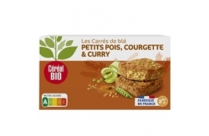 Céréal Bio Tendres carrés de Blé, Petits pois, Courgette, Curry - Végan et Bio - Simple et Rapide à Réchauffer - 200g (2 x 100g) - 209479