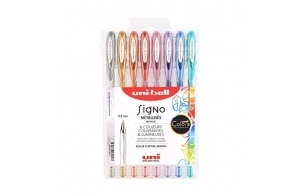 uni-ball Mitsubishi Pencil - 8 Stylos Rollers Encre Gel Signo - Couleurs Métalliques - Pointe 0,8 mm - Écriture Médium - Rollers Créatifs pour Carterie et Loisirs Créatifs