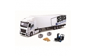 Burago May Cheong Group 1/43 Street Fire Camion avec remorque Mercedes Benz Actros Sedis Logistics + Chariot élévateur 4 Accessoires pour Enfant dès 3 Ans 31471, Aléatoires, (B18-31471)