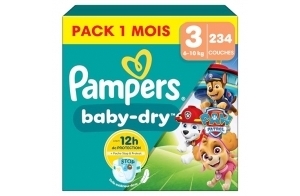 Pampers Baby-Dry, Taille 3, 234 Couches, 6-10kg, A La Rescousse Contre Les Fuites Grâce A Une Protection Intégrale Jusqu'à 12h, Edition Limitée avec La Pat’Patrouille, Pack 1 Mois