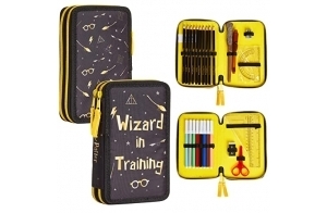 Harry Potter Trousse Enfant Trousse Garnie à Compartiment Crayons de Couleur Feutres Coloriage Fournitures Scolaires Cadeau Rentrée Scolaire (Noir/Jaune)