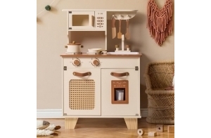 ROBOTIME Ensemble de cuisine en bois pour tout-petits, jouet de cuisine réaliste avec distributeur de glace, maille de rotin et élément en cuir, jeu de cuisine Prentend pour enfants, cadeau pour