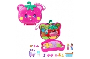 Polly Pocket Coffret Ourson Fraise avec Jardin, 2 Mini-Figurines, 12 Accessoires Dont Panier Élévateur, 5 Éléments De Jeu, Jouet Voyage, Jouet Enfant, A Partir De 4 Ans, HRD35