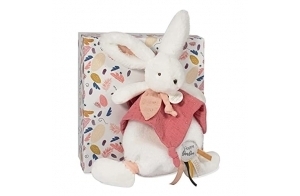 Doudou et Compagnie - Doudou Plat - Lapin Blanc et Rose - Happy Boho - Boite Cadeau - 25 Cm - Idée Cadeau Fille et Garçon - Garantie Doudou Perdu - DC3741