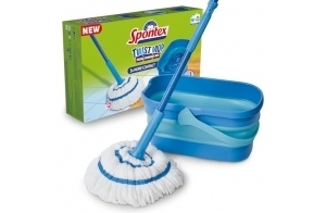 Spontex Kit Balai serpillère & seau ultra-compact Twist Mop - Franges en microfibre avec système d’essorage intégré - Seau rétractable de 10L - Nettoie les sols stratifiés, planchers et carrelages