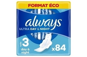 Always Ultra Serviettes Hygiéniques, Taille 3, Day & Night, 84 Serviettes Avec Ailettes, Flux Abondants Jour et Nuit, Format Eco, Max Confort, Super Absorbantes et Ultra Fines