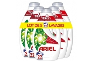 Ariel Lessive Liquide, 110 Lavages (5x22), + Ultra Détachant, Élimine Les Taches Incrustées, Même Après 7 Jours, Impeccable Même En Cycle Court Et À Froid, Fabriqué En France