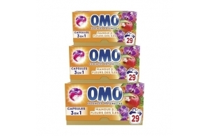 OMO - Lessive liquide en capsules 3 en 1 En Mangue d'Évasion - 87 lavages - Mangue et Fleurs des îles - propreté éclatante & parfum longue durée aux essences naturelles (lot de 3x29)