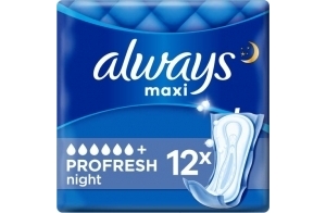 Always Maxi Serviettes Hygiéniques, ProFresh Night, 12 Serviettes Sans Ailettes, Flux Très Abondants Nuit, Cœur Ultra Absorbant et Neutralisation des Odeurs