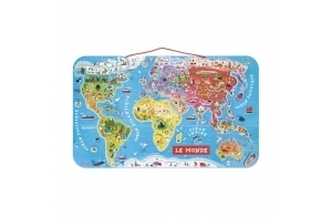 Janod - Puzzle Carte du Monde Magnétique en Bois - 92 Pièces Aimantées - 70 x 43 cm - Version Française - Jeu éducatif dès 7 ans, J05500 Argent Métallique