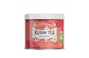 Kusmi Tea - AquaSummer - Infusion Bio - Mélange d'Hibiscus et de Fruit Saveur Pêche et Abricot - À Déguster Chaud ou en Thé Glacé - Infusion sans Théine - Boîte Thé Métal 100g pour environ 50 Tasses