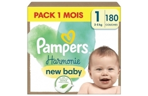 Pampers Harmonie, Taille 1, 180 Couches, 2-5kg, Protection Douce pour la Peau, Ingrédients d’origine végétale en contact avec la peau de bébé, Avec un Emballage Recyclable en Papier, Pack 1 Mois