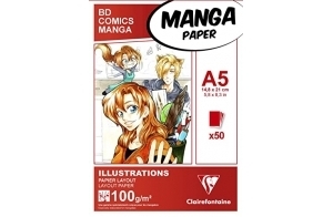 Clairefontaine 94041C Bloc Encollé Papier Manga et Illustration - 50 Feuilles Blanc Extra Lisse A5 14,8x21 cm 100g - idéal pour le Dessin au Feutre à Alcool