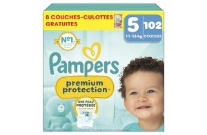 Pampers Premium Protection Taille 5, 102 Couches, Double Protection Pour La Peau Et Contre Les Fuites + 8 couches-culottes gratuites