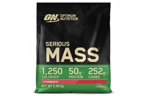 Optimum Nutrition Serious Mass Poudre de Protéine Gain de Masse Hautement Calorique avec 25 Vitamines et Minéraux, Créatine Monohydrate et Glutamine, Saveur Fraise, 16 Portions, 5.45 kg