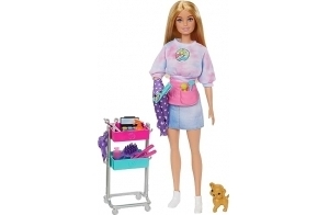 Barbie - Poupée styliste Malibu et 14 Accessoires, thème Coiffure et Maquillage avec Chiot et Chariot de stylisme, HNK95