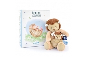 Doudou et Compagnie - Peluche Hérisson Avec Bébé - 25 cm - Beige - Jolie Boîte Cadeau - Bébé & Moi - Unicef - DC3986