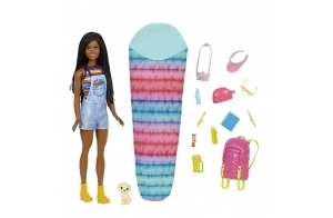 Barbie Famille poupée Brooklyn Camping, avec Mini-Figurine Chiot, Sac à Dos, Sac de Couchage et Accessoires, Jouet pour Enfant, HDF74